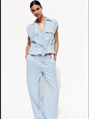 Zara Light Blue Wide-Leg Jumpsuit Set